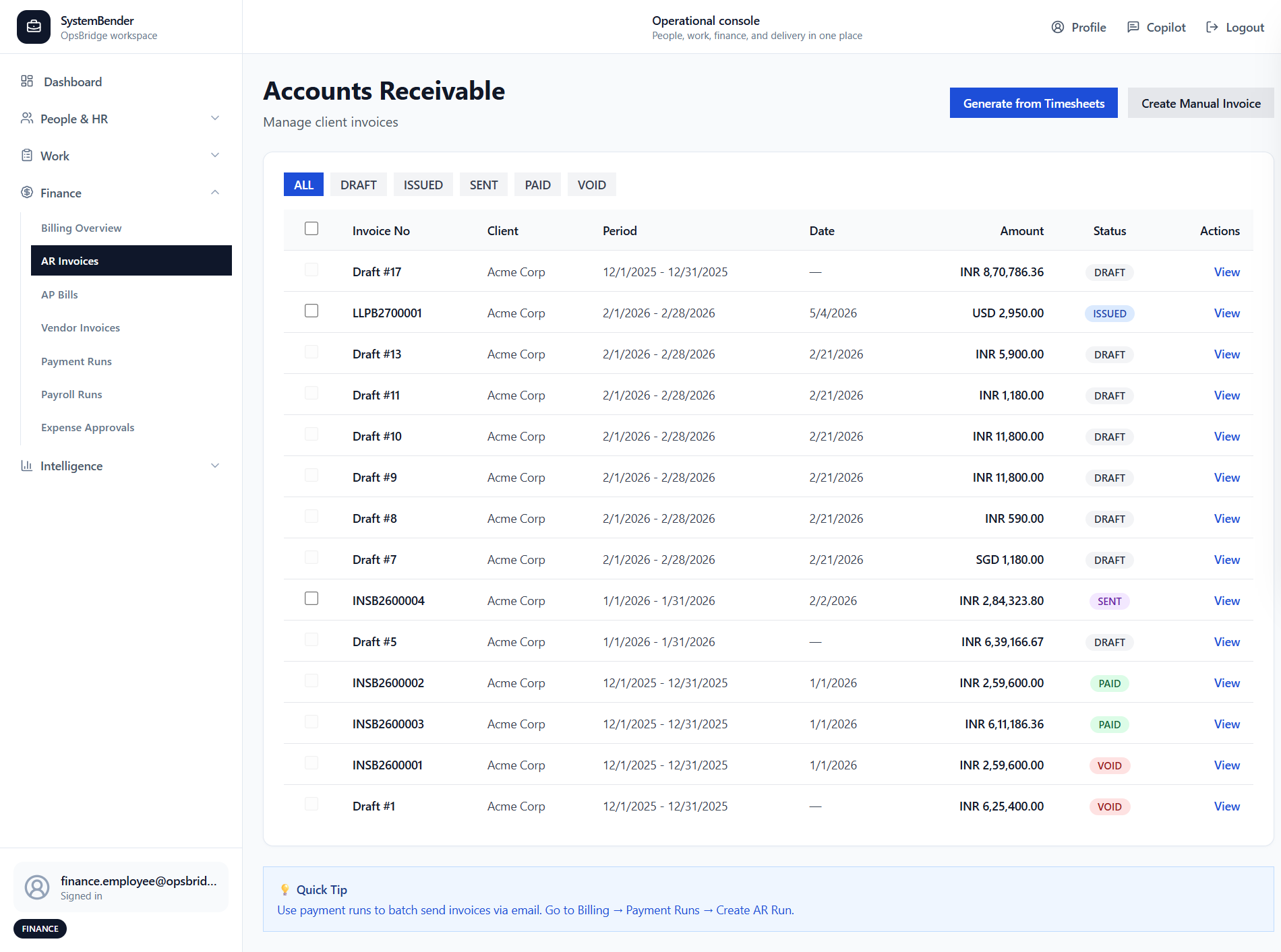 Accounts Receivable — client invoicing with GST