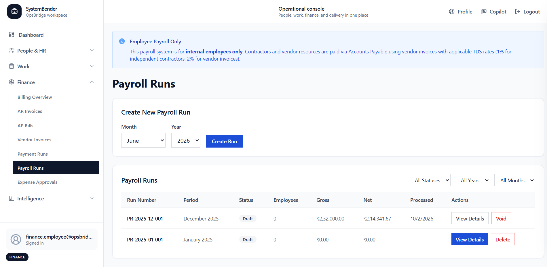 Payroll — PF, ESI, PT, TDS per run