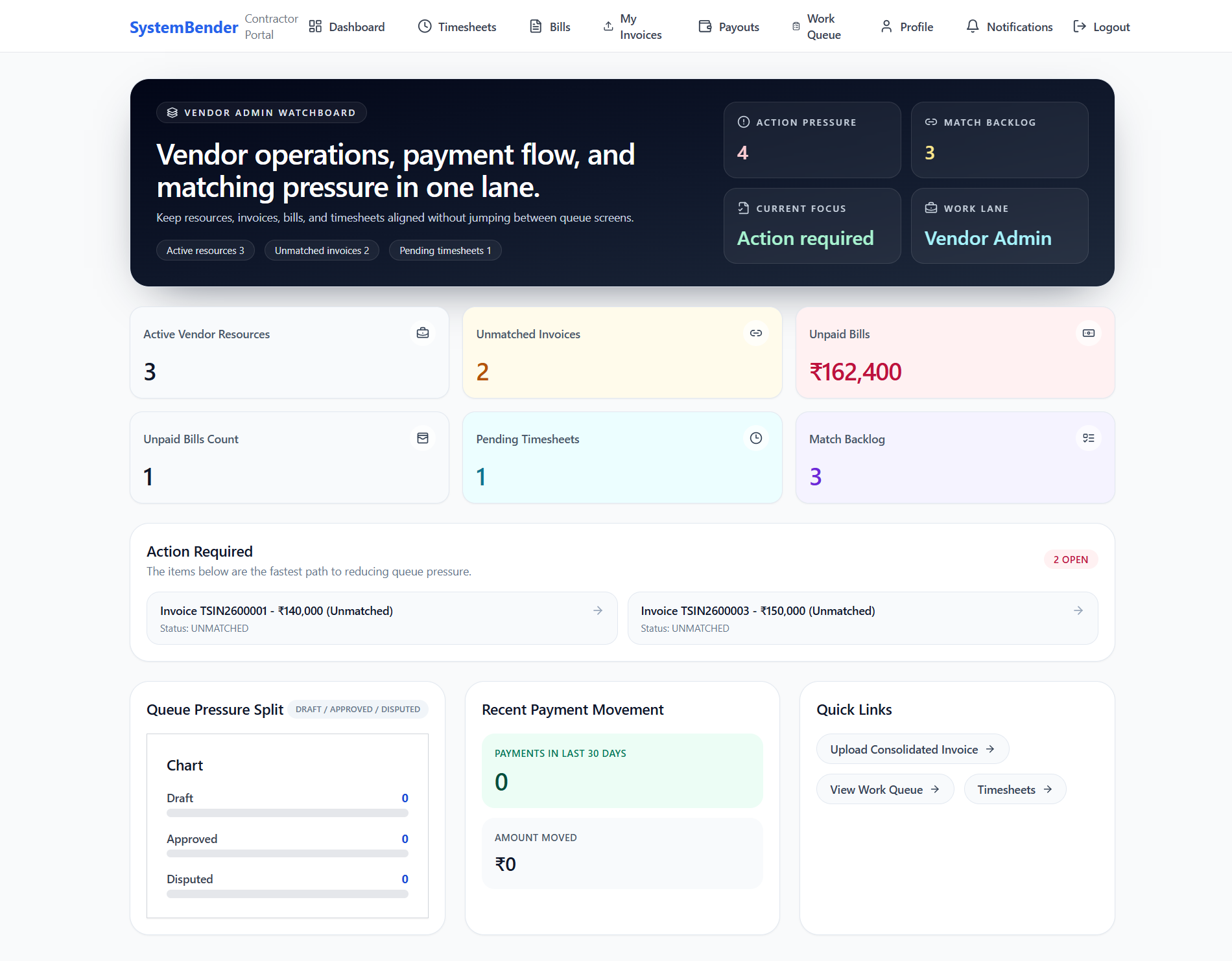 Vendor Portal — the contractor's home view