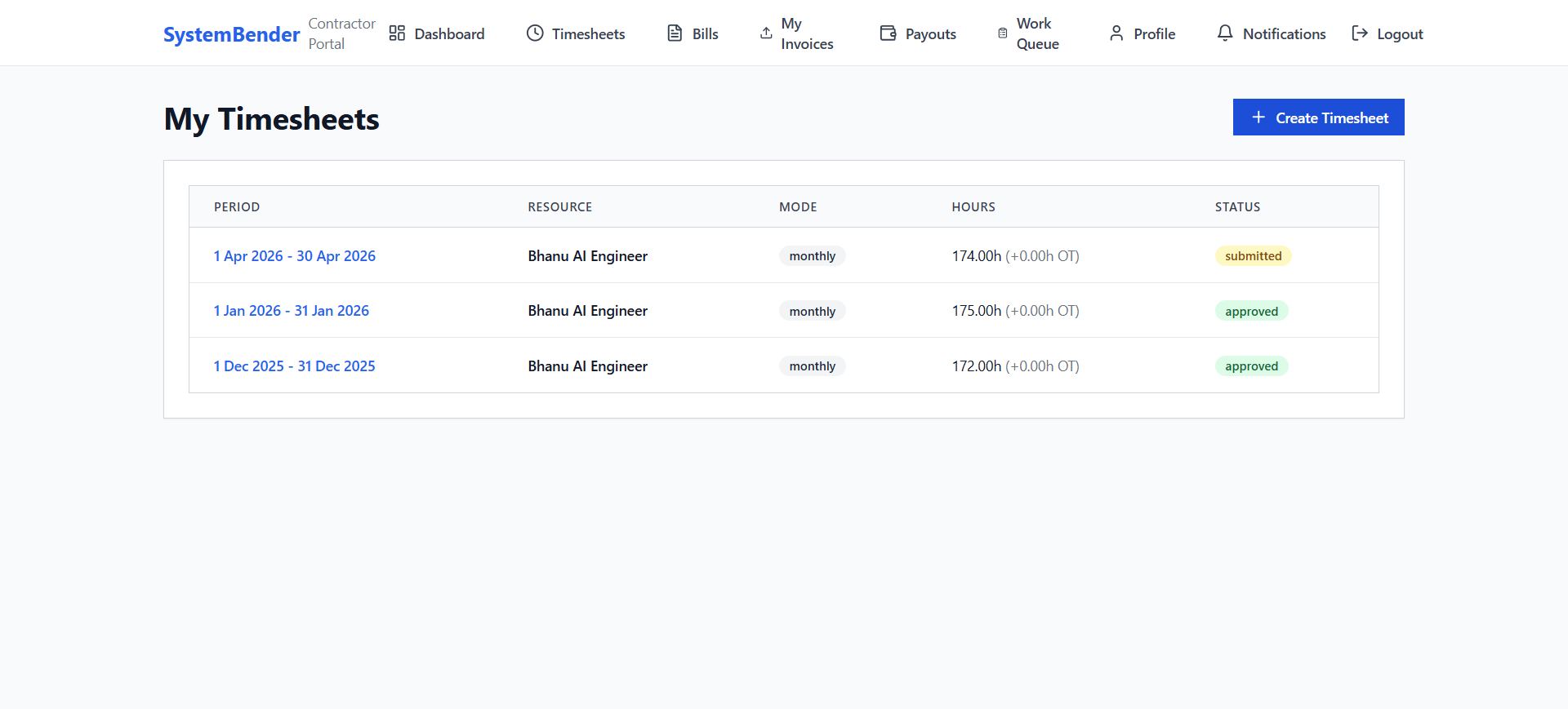 Vendor Timesheets — submit, track, get paid